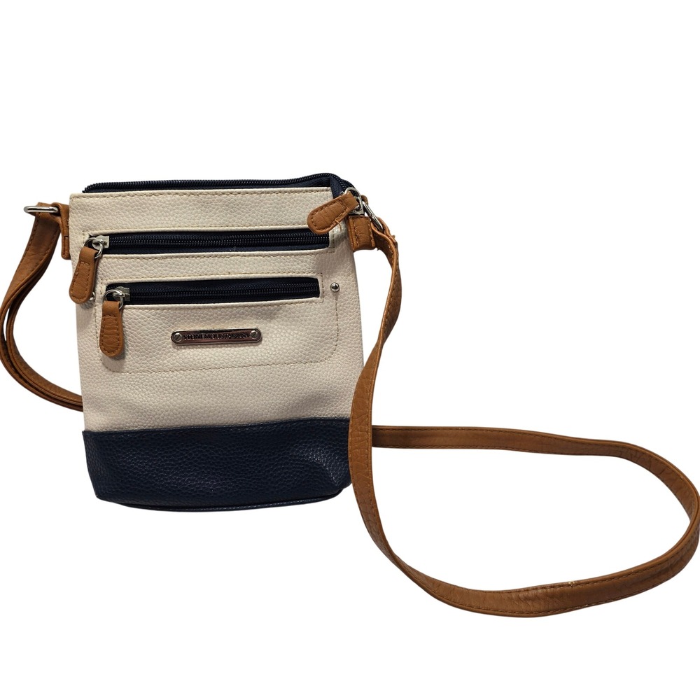 Stone Mountain USA Crossbody Bag Cream Navy Brown Pebbled Faux Leather Small
